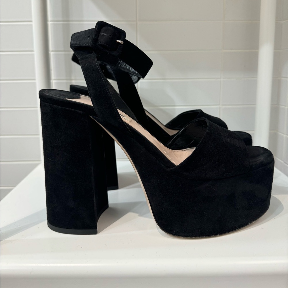 Miu Miu black suede platform sandals with ankle strap